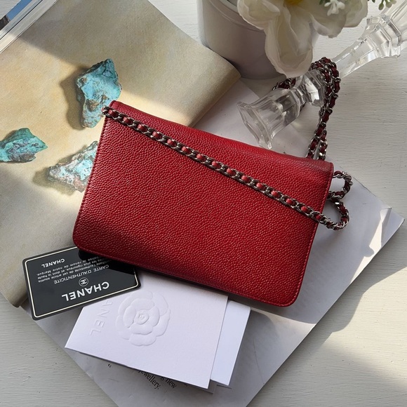 Chanel Red Caviar Leather CC Timeless Wallet On Chain - Picture 2 of 6